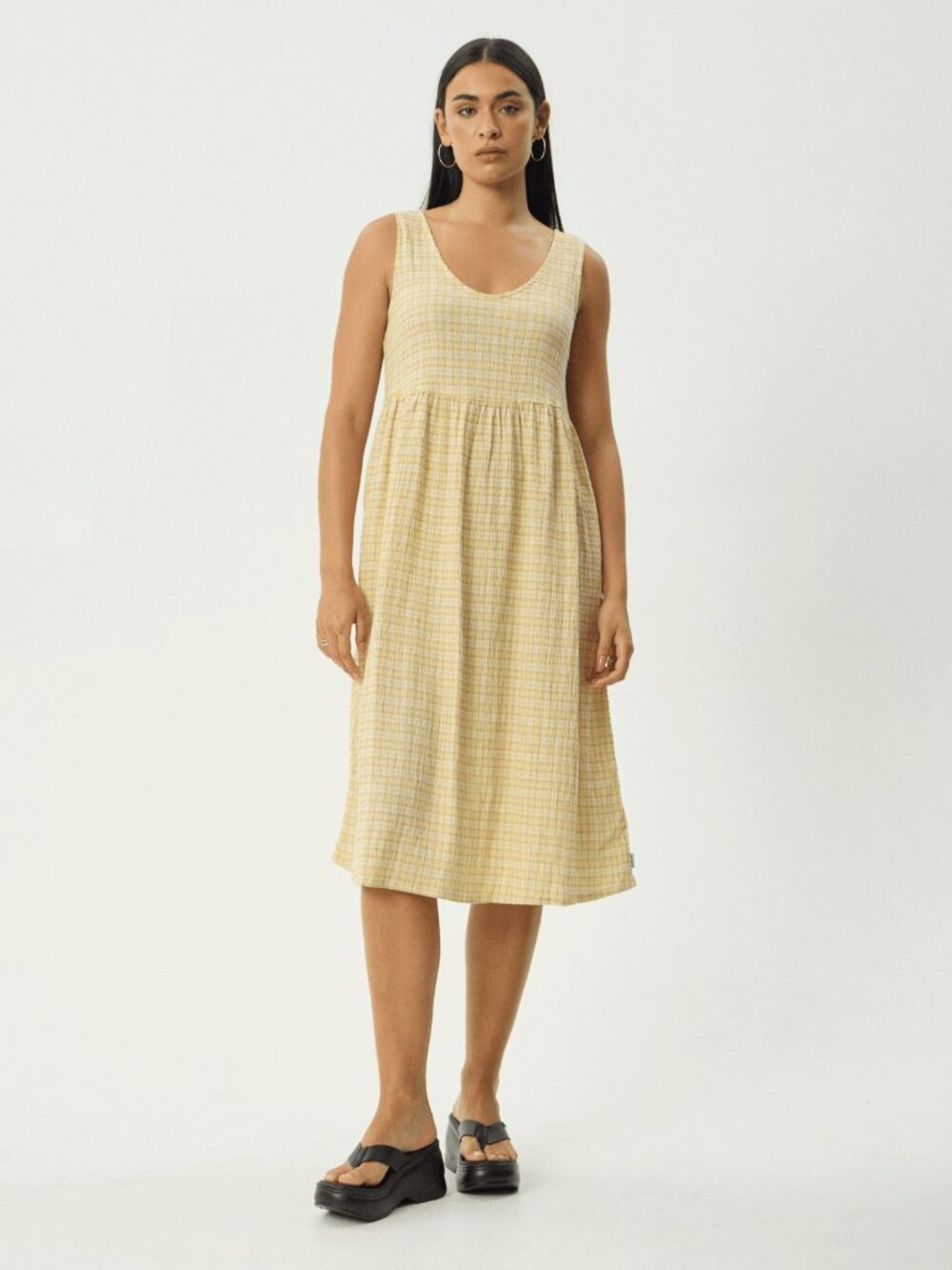 Afends Sunday Seersucker Check Midi Dress - Lemon Check - Size Small